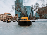 a closeup of a crokicurl rock on top of the ice surface with Regina's downtown skyline visible in the background.